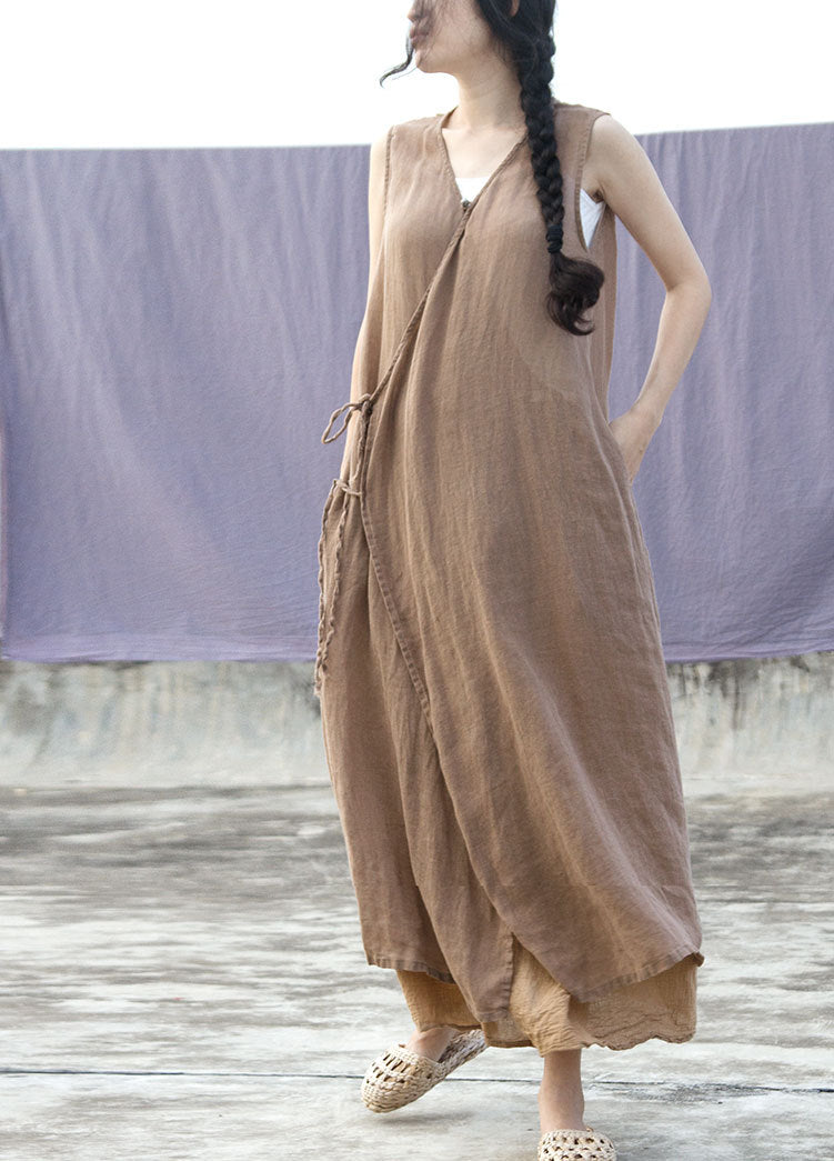 100% Ramie Linen Dress with V Collar and Pockets 240904a