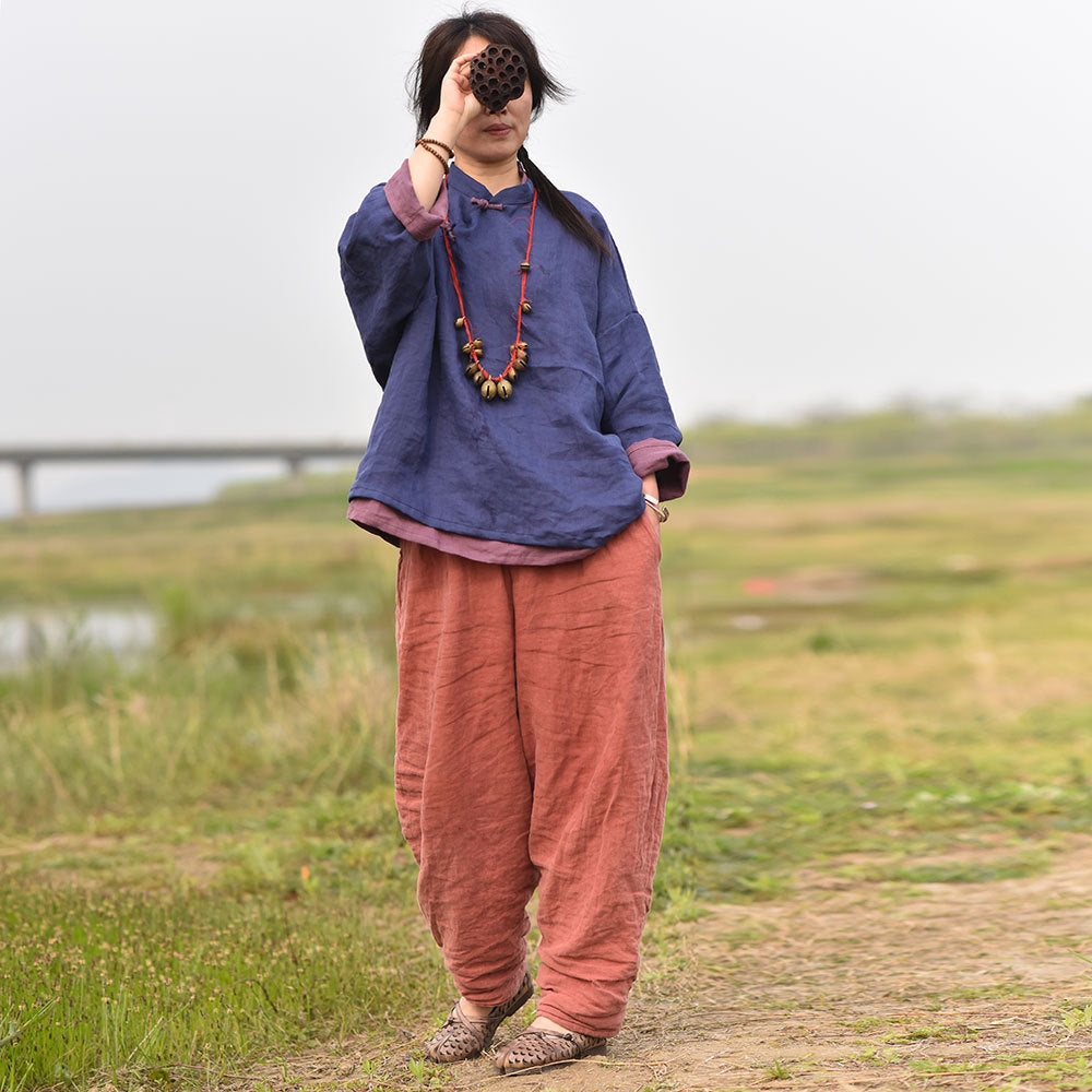 100% Ramie Linen Hanfu Women Shirt Pullover with Frog Buttons 250805s