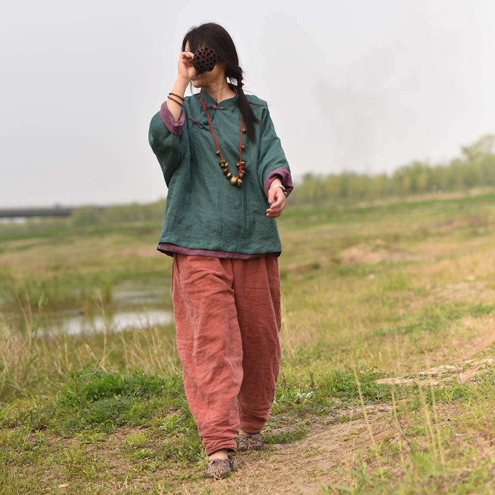 100% Ramie Linen Hanfu Women Shirt Pullover with Frog Buttons 250805s