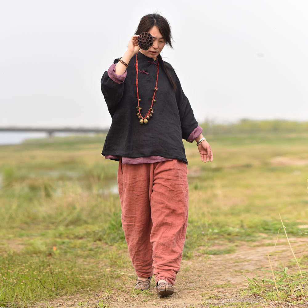 100% Ramie Linen Hanfu Women Shirt Pullover with Frog Buttons 250805s