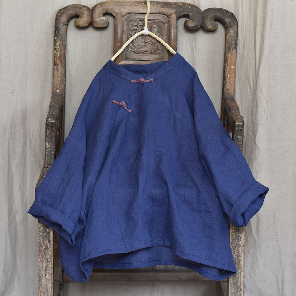 100% Ramie Linen Hanfu Women Shirt Pullover with Frog Buttons 250805s