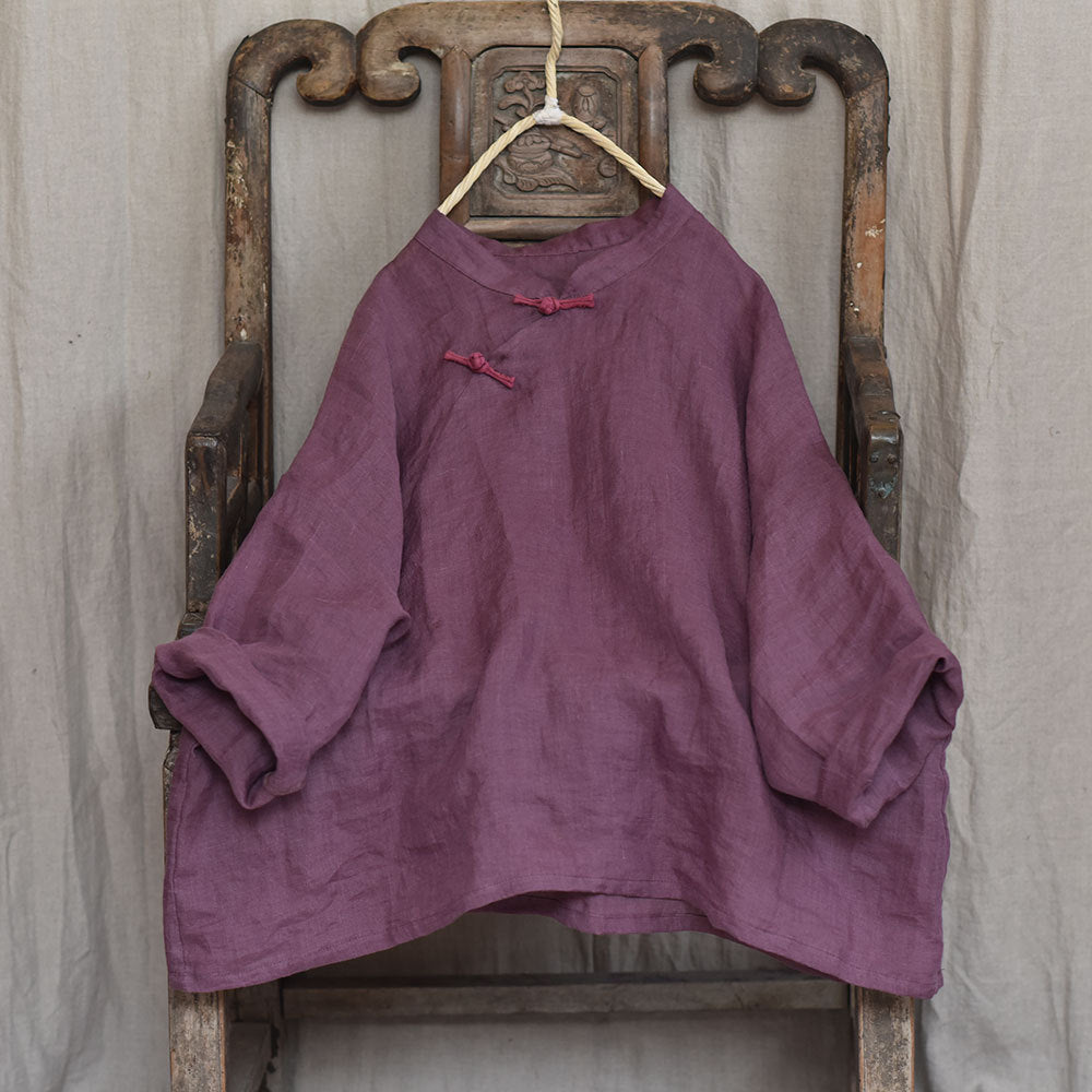 100% Ramie Linen Hanfu Women Shirt Pullover with Frog Buttons 250805s