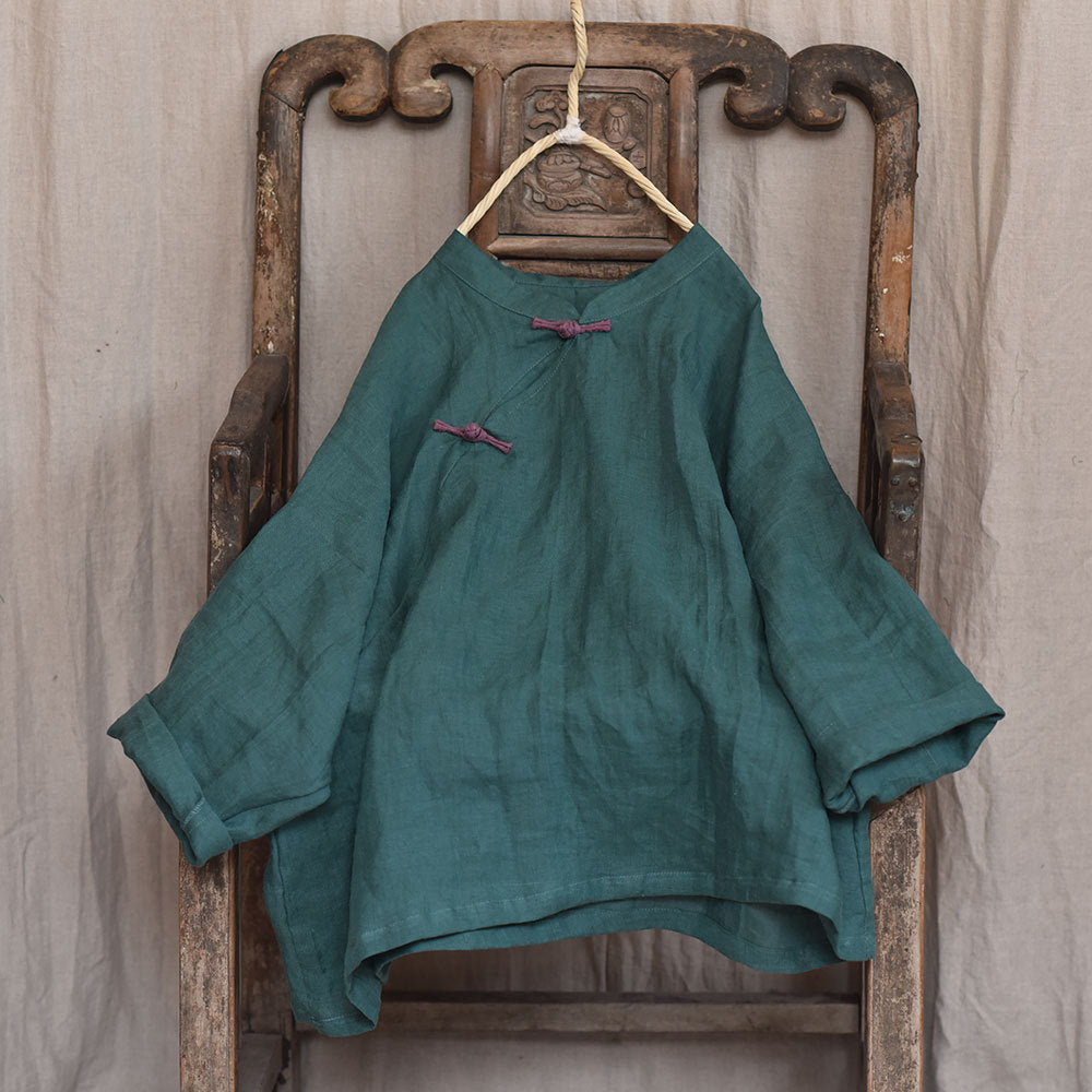 100% Ramie Linen Hanfu Women Shirt Pullover with Frog Buttons 250805s