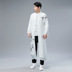 Retro Chinese Men Hanfu Robe with Traditional Buttons and Bamboo Print 240716s