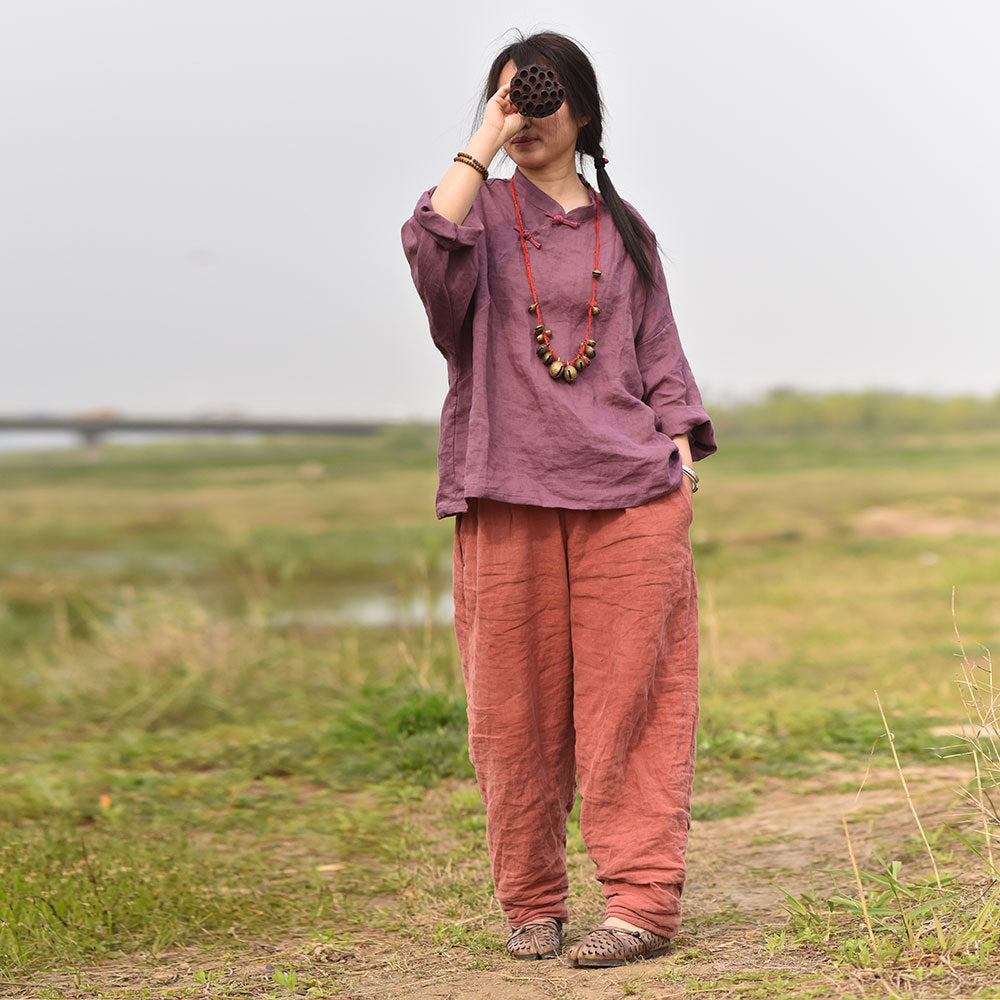 100% Ramie Linen Hanfu Women Shirt Pullover with Frog Buttons 250805s