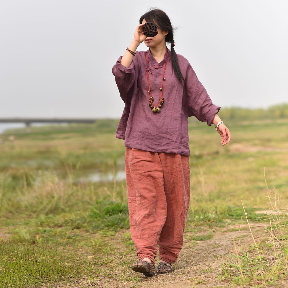 100% Ramie Linen Hanfu Women Shirt Pullover with Frog Buttons 250805s