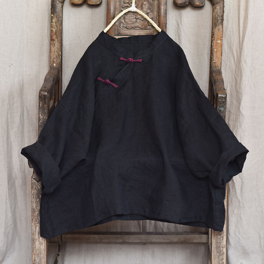 100% Ramie Linen Hanfu Women Shirt Pullover with Frog Buttons 250805s