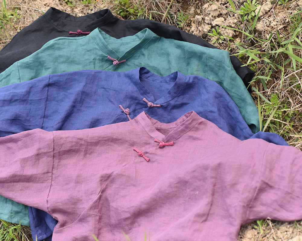 100% Ramie Linen Hanfu Women Shirt Pullover with Frog Buttons 250805s