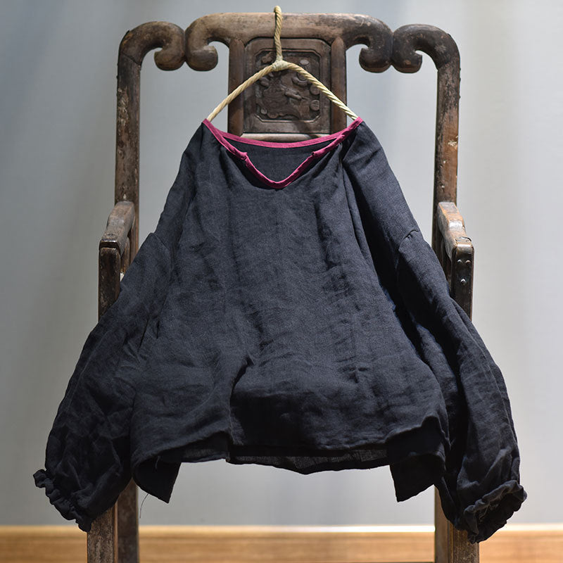 100% Linen Women Loose Shirt Pullover with Color-block Hanfu Style Neckline 250807s