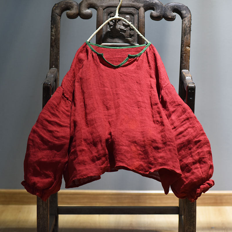 100% Linen Women Loose Shirt Pullover with Color-block Hanfu Style Neckline 250807s