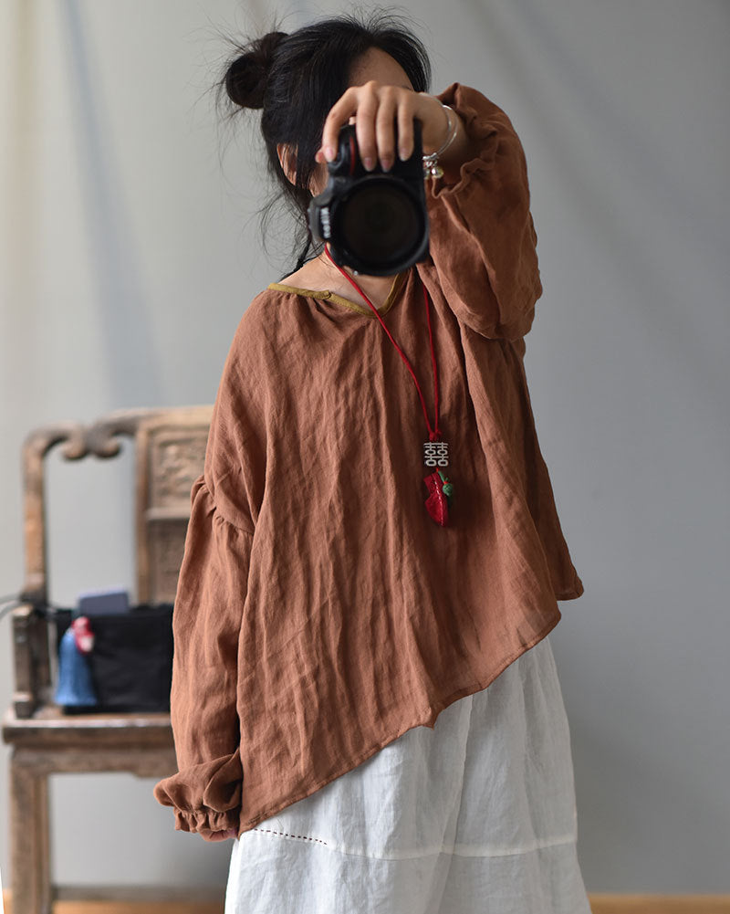 100% Linen Women Loose Shirt Pullover with Color-block Hanfu Style Neckline 250807s