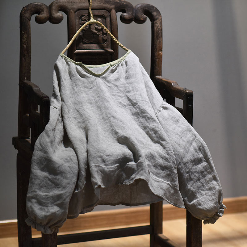 100% Linen Women Loose Shirt Pullover with Color-block Hanfu Style Neckline 250807s