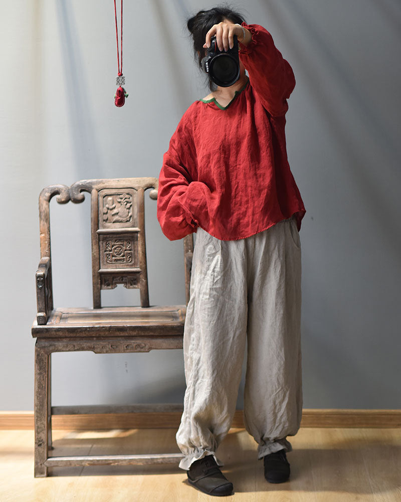 100% Linen Women Loose Shirt Pullover with Color-block Hanfu Style Neckline 250807s