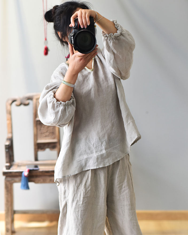 100% Linen Women Loose Shirt Pullover with Color-block Hanfu Style Neckline 250807s