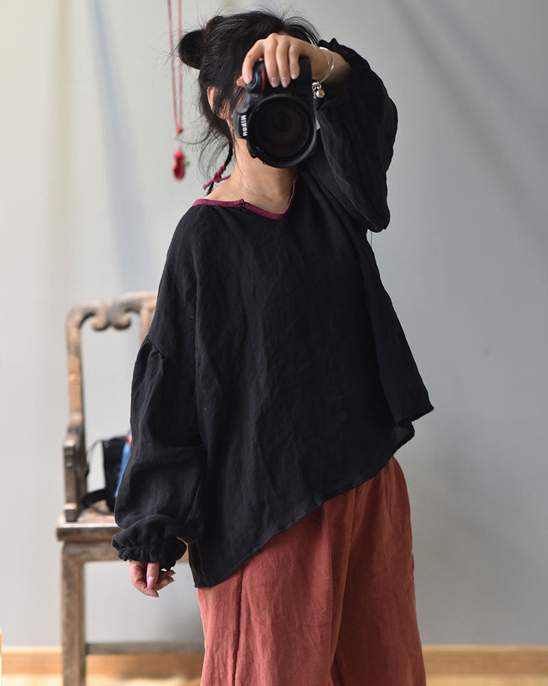 100% Linen Women Loose Shirt Pullover with Color-block Hanfu Style Neckline 250807s