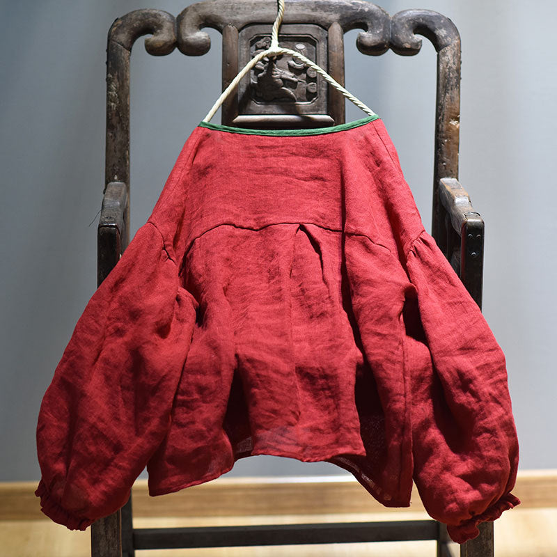 100% Linen Women Loose Shirt Pullover with Color-block Hanfu Style Neckline 250807s