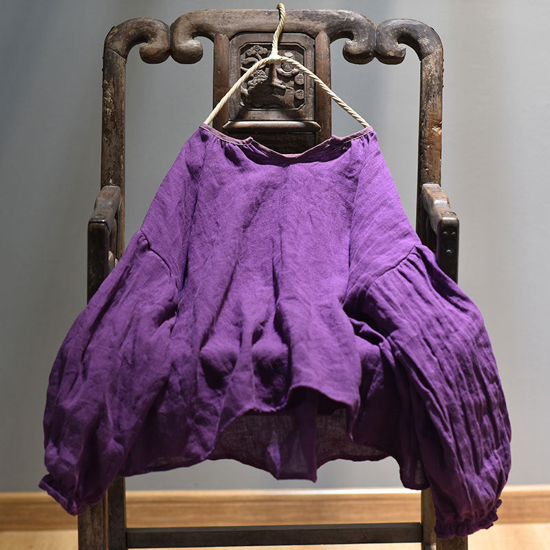 100% Linen Women Loose Shirt Pullover with Color-block Hanfu Style Neckline 250807s