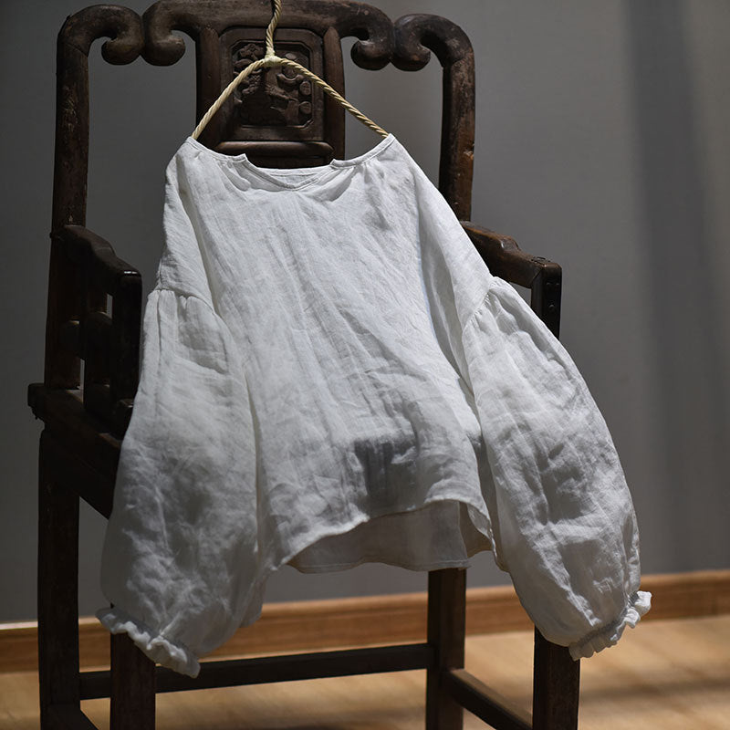 100% Linen Women Loose Shirt Pullover with Color-block Hanfu Style Neckline 250807s