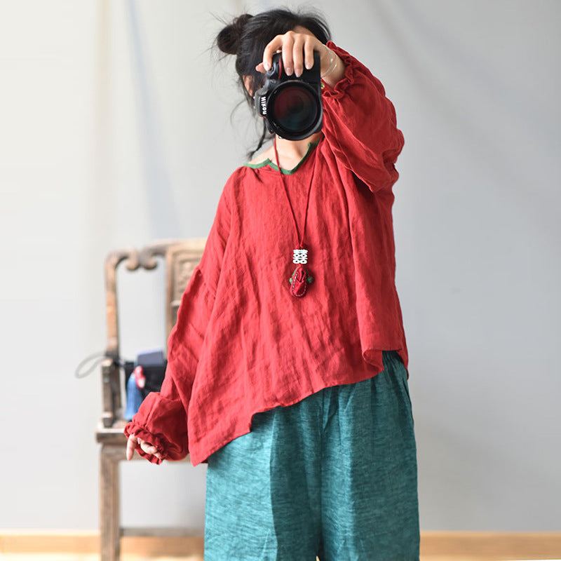 100% Linen Women Loose Shirt Pullover with Color-block Hanfu Style Neckline 250807s