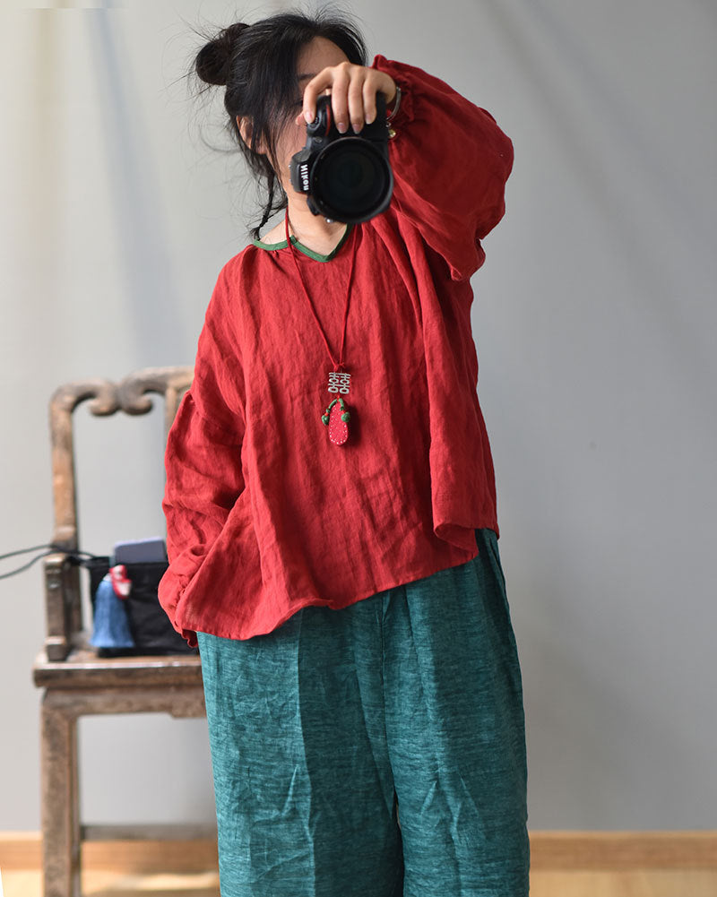 100% Linen Women Loose Shirt Pullover with Color-block Hanfu Style Neckline 250807s