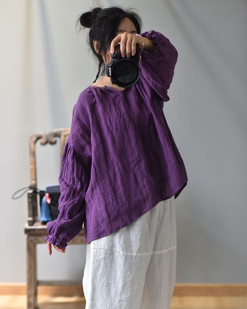 100% Linen Women Loose Shirt Pullover with Color-block Hanfu Style Neckline 250807s