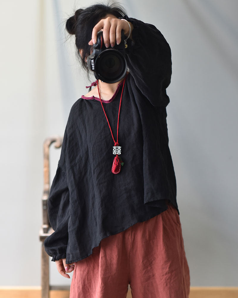 100% Linen Women Loose Shirt Pullover with Color-block Hanfu Style Neckline 250807s