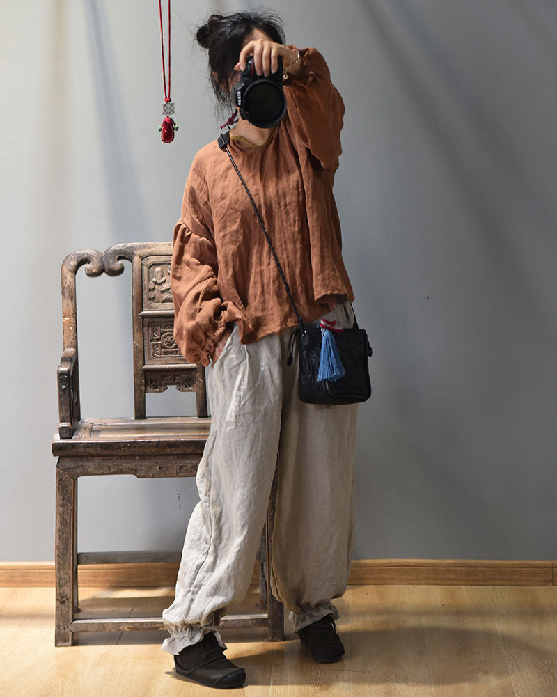 100% Linen Women Loose Shirt Pullover with Color-block Hanfu Style Neckline 250807s