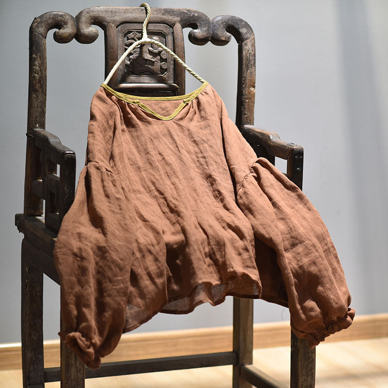 100% Linen Women Loose Shirt Pullover with Color-block Hanfu Style Neckline 250807s