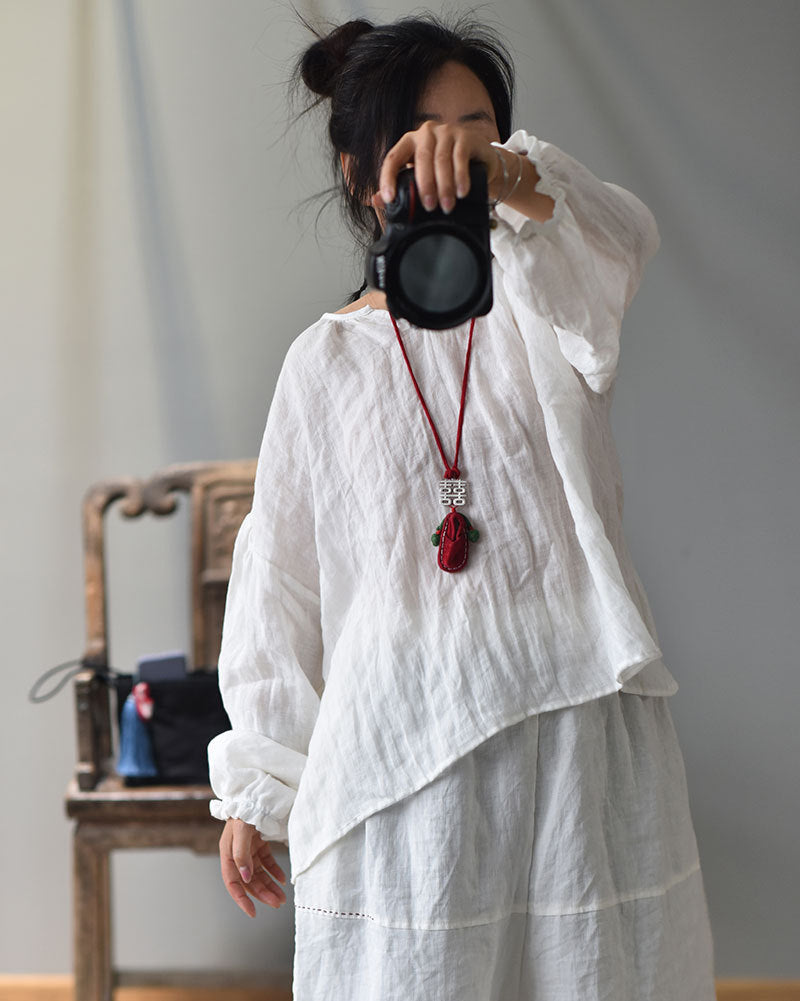 100% Linen Women Loose Shirt Pullover with Color-block Hanfu Style Neckline 250807s