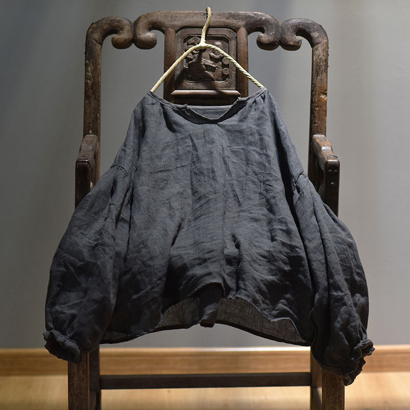 100% Linen Women Loose Shirt Pullover with Color-block Hanfu Style Neckline 250807s