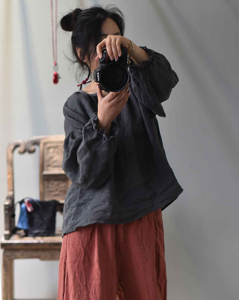 100% Linen Women Loose Shirt Pullover with Color-block Hanfu Style Neckline 250807s