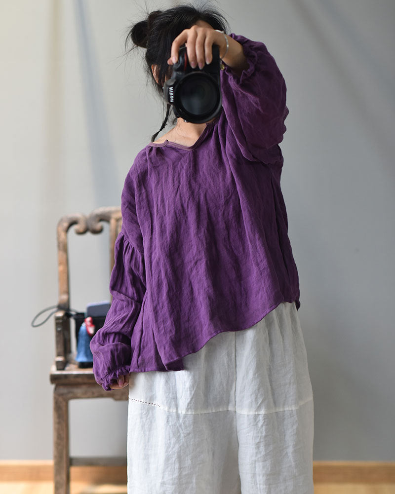 100% Linen Women Loose Shirt Pullover with Color-block Hanfu Style Neckline 250807s