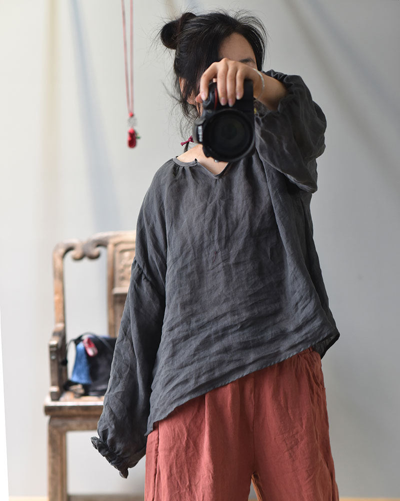 100% Linen Women Loose Shirt Pullover with Color-block Hanfu Style Neckline 250807s