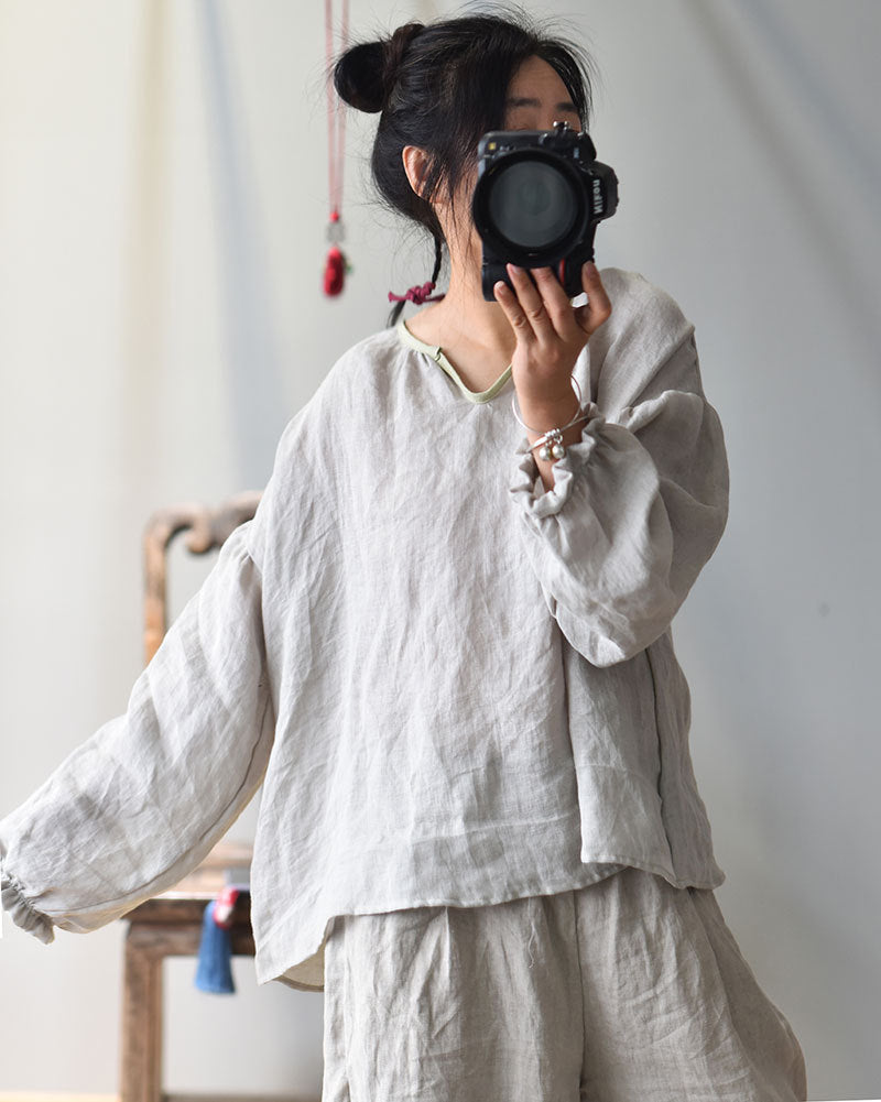 100% Linen Women Loose Shirt Pullover with Color-block Hanfu Style Neckline 250807s