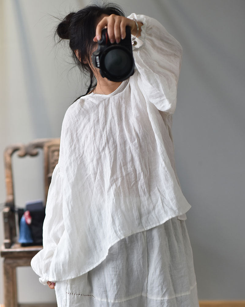 100% Linen Women Loose Shirt Pullover with Color-block Hanfu Style Neckline 250807s