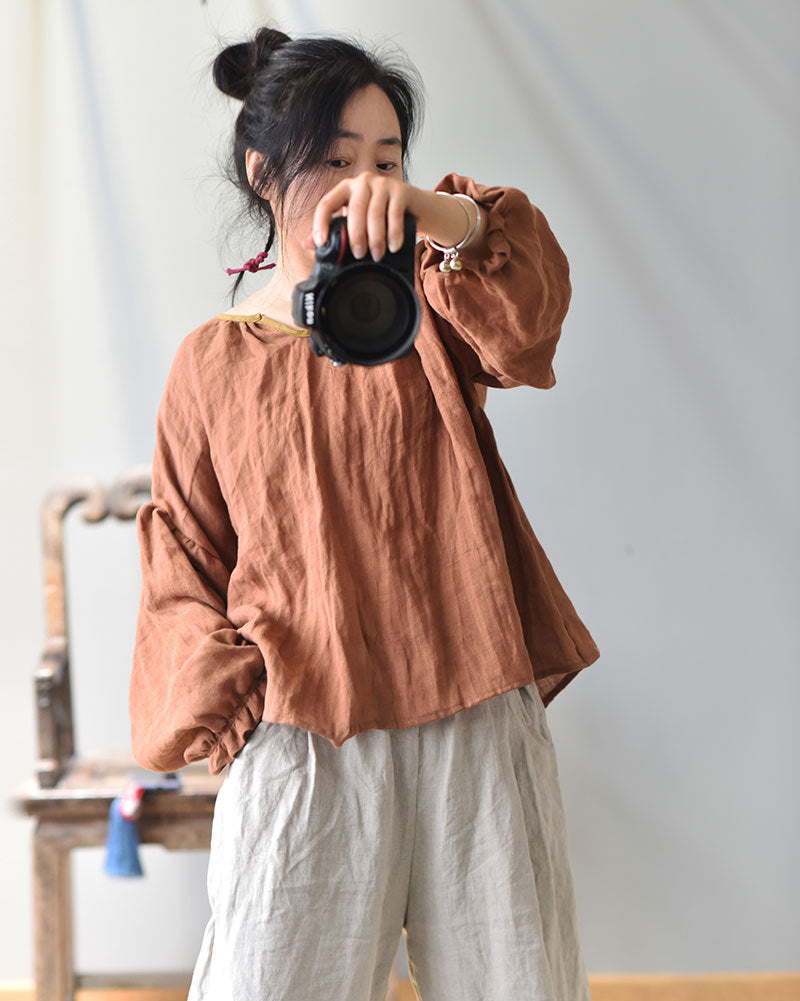 100% Linen Women Loose Shirt Pullover with Color-block Hanfu Style Neckline 250807s