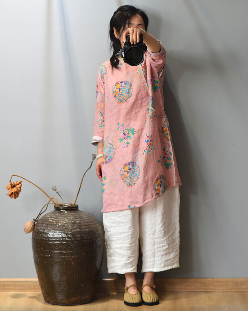 100% Ramie Linen Women Tunic with Vintage Print, Linen Dress, linen Long Blouse women in Chinese Traditional Style 231911t