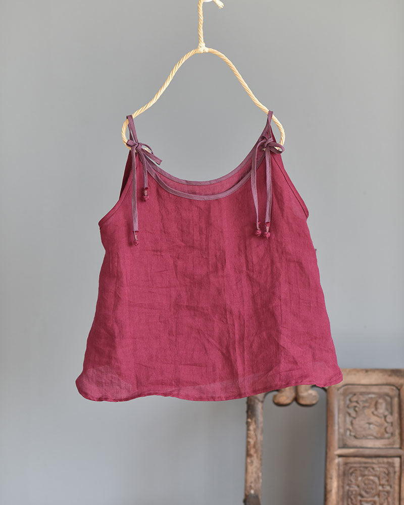 100% Ramie Linen Adjustable Camisole with Color-block Neckline 250808s