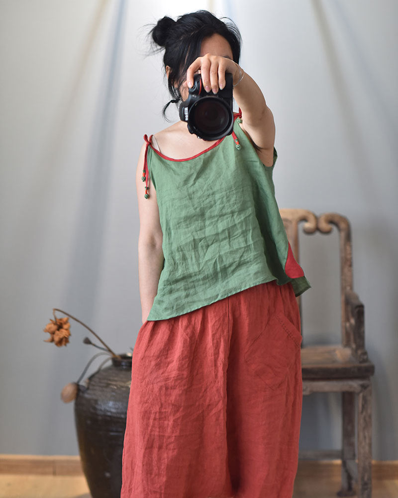 100% Ramie Linen Adjustable Camisole with Color-block Neckline 250808s