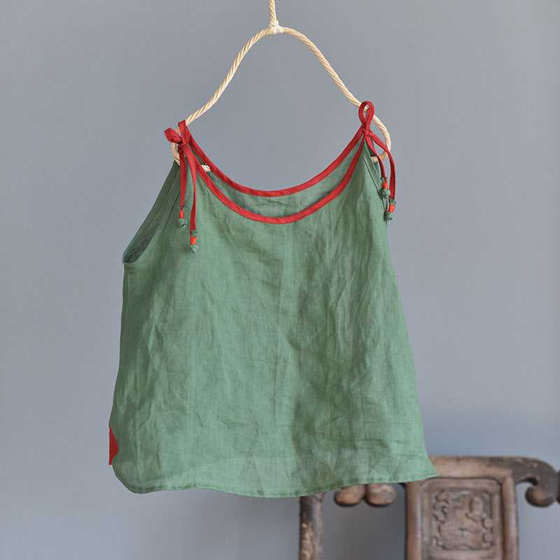 100% Ramie Linen Adjustable Camisole with Color-block Neckline 250808s