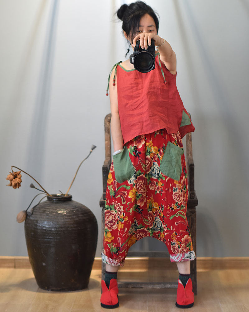 100% Ramie Linen Adjustable Camisole with Color-block Neckline 250808s