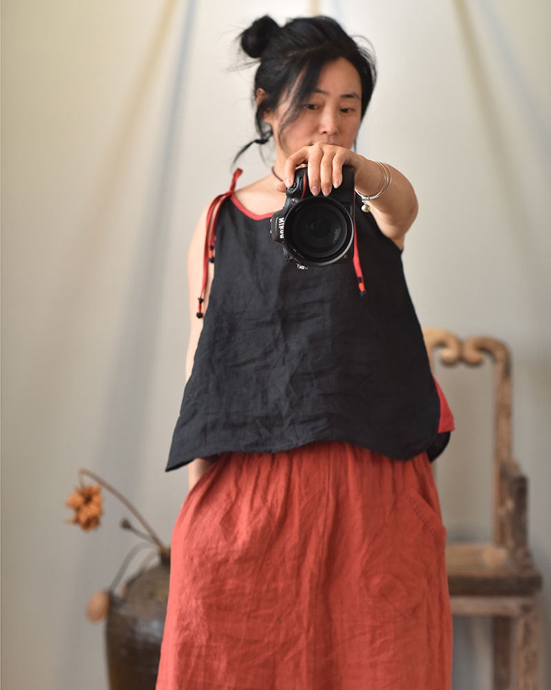 100% Ramie Linen Adjustable Camisole with Color-block Neckline 250808s