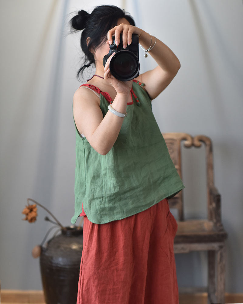 100% Ramie Linen Adjustable Camisole with Color-block Neckline 250808s