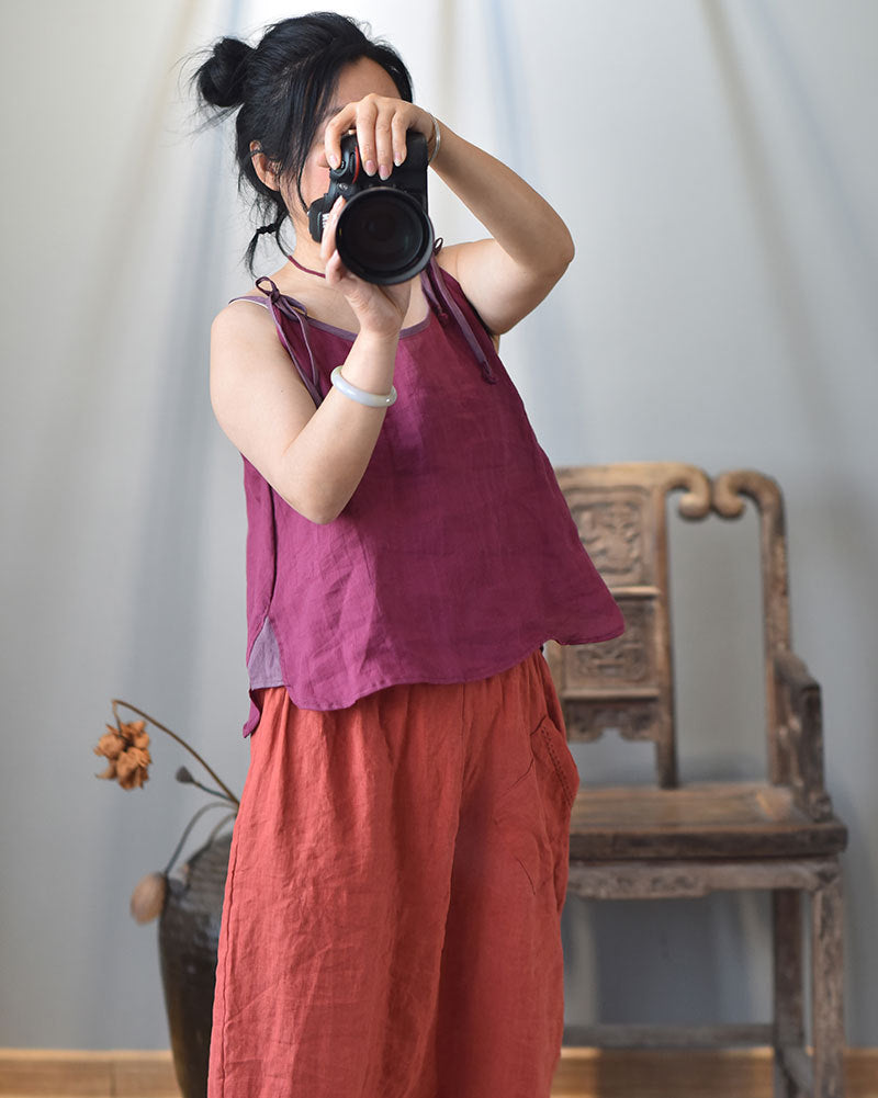 100% Ramie Linen Adjustable Camisole with Color-block Neckline 250808s