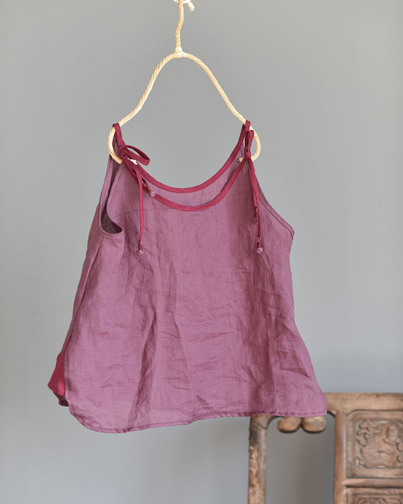 100% Ramie Linen Adjustable Camisole with Color-block Neckline 250808s
