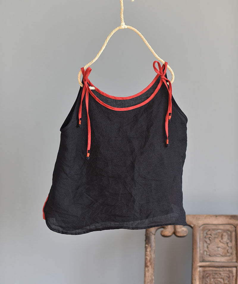 100% Ramie Linen Adjustable Camisole with Color-block Neckline 250808s