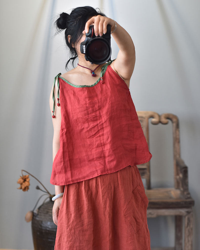 100% Ramie Linen Adjustable Camisole with Color-block Neckline 250808s