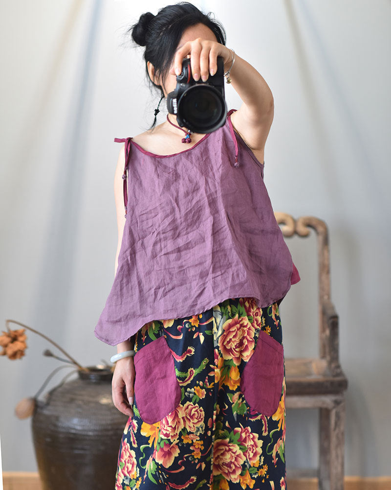 100% Ramie Linen Adjustable Camisole with Color-block Neckline 250808s