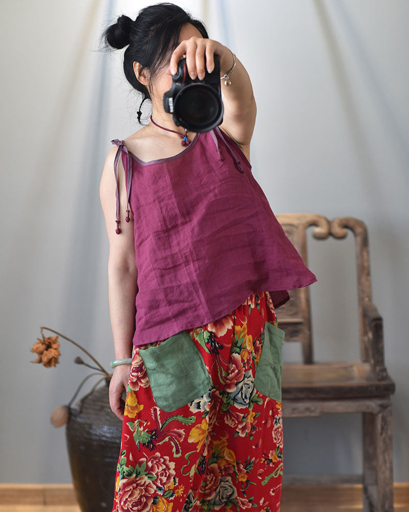 100% Ramie Linen Adjustable Camisole with Color-block Neckline 250808s