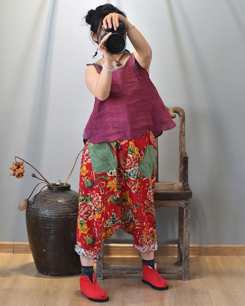 100% Ramie Linen Adjustable Camisole with Color-block Neckline 250808s